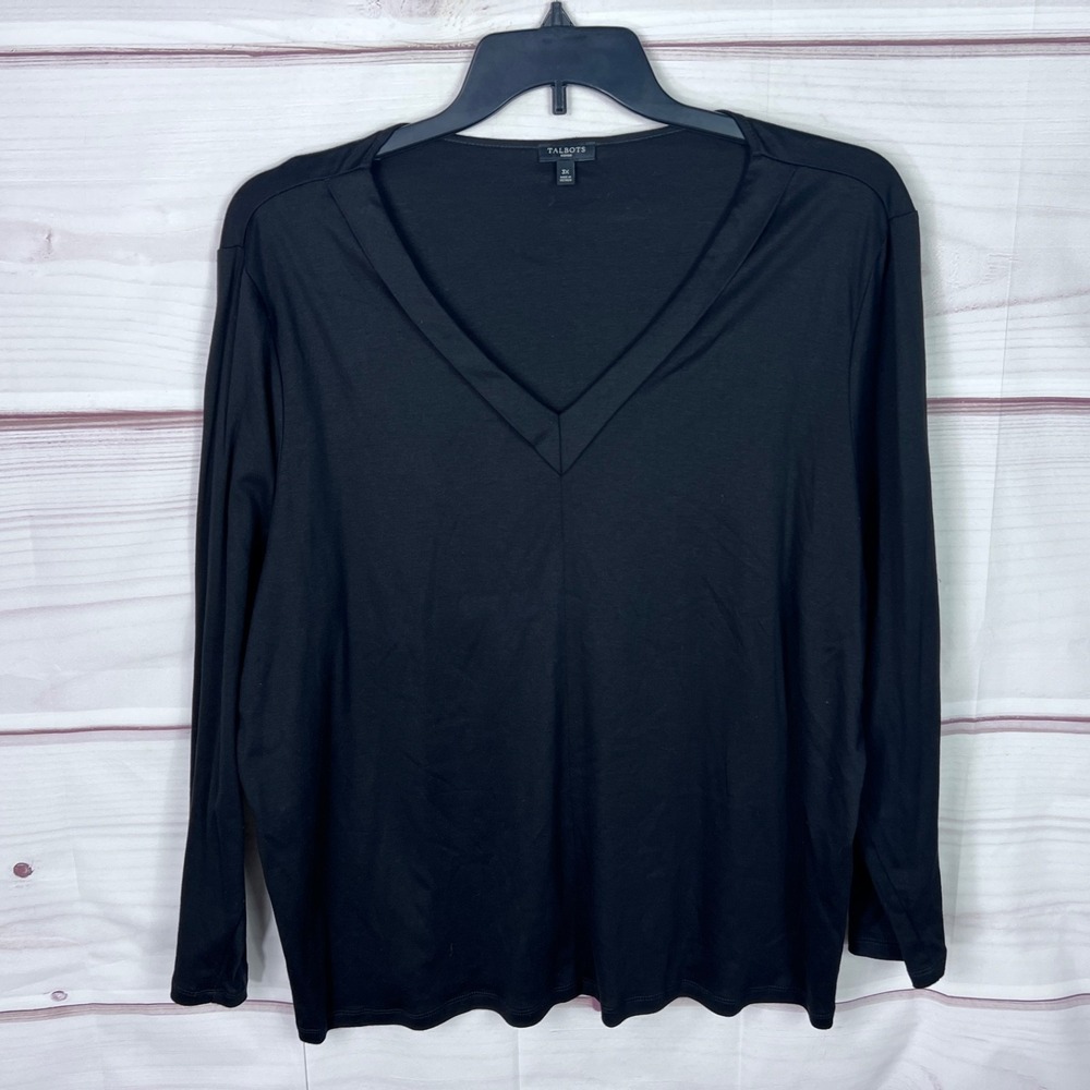 Talbots Top Womens 3X Black V-Neck T-Shirt Long Sleeve Cotton Modal Knit Basic